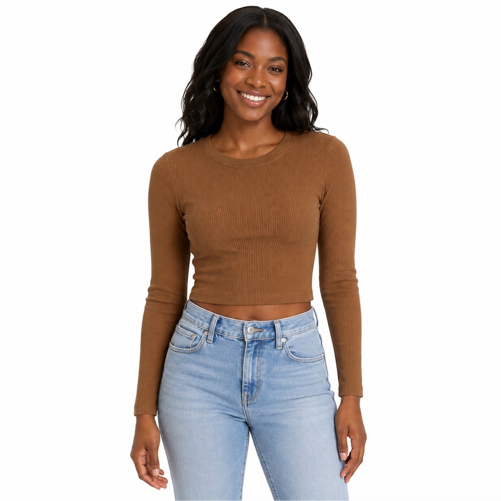 Wilfred Free Aritzia Brown Ribbed Long Sleeve Crop Top Crew Neck LARGE